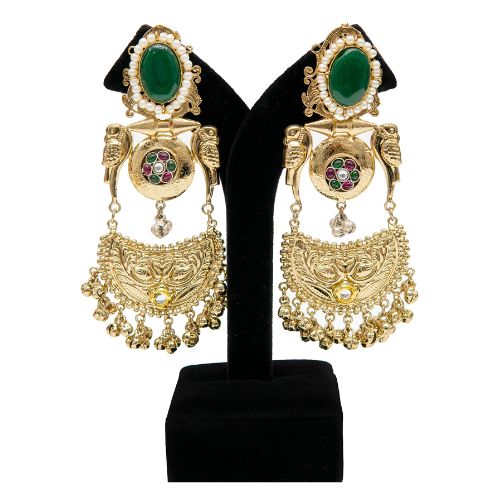 Traditional Gold Finish Wedding Earrings for Women with Green Stone & Pearl Work